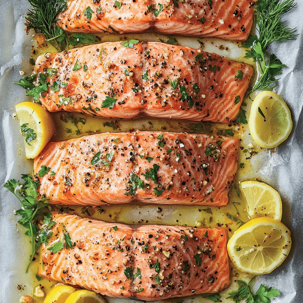 Baked salmon fillets seasoned with pepper, herbs, and lemon slices on a parchment-lined tray