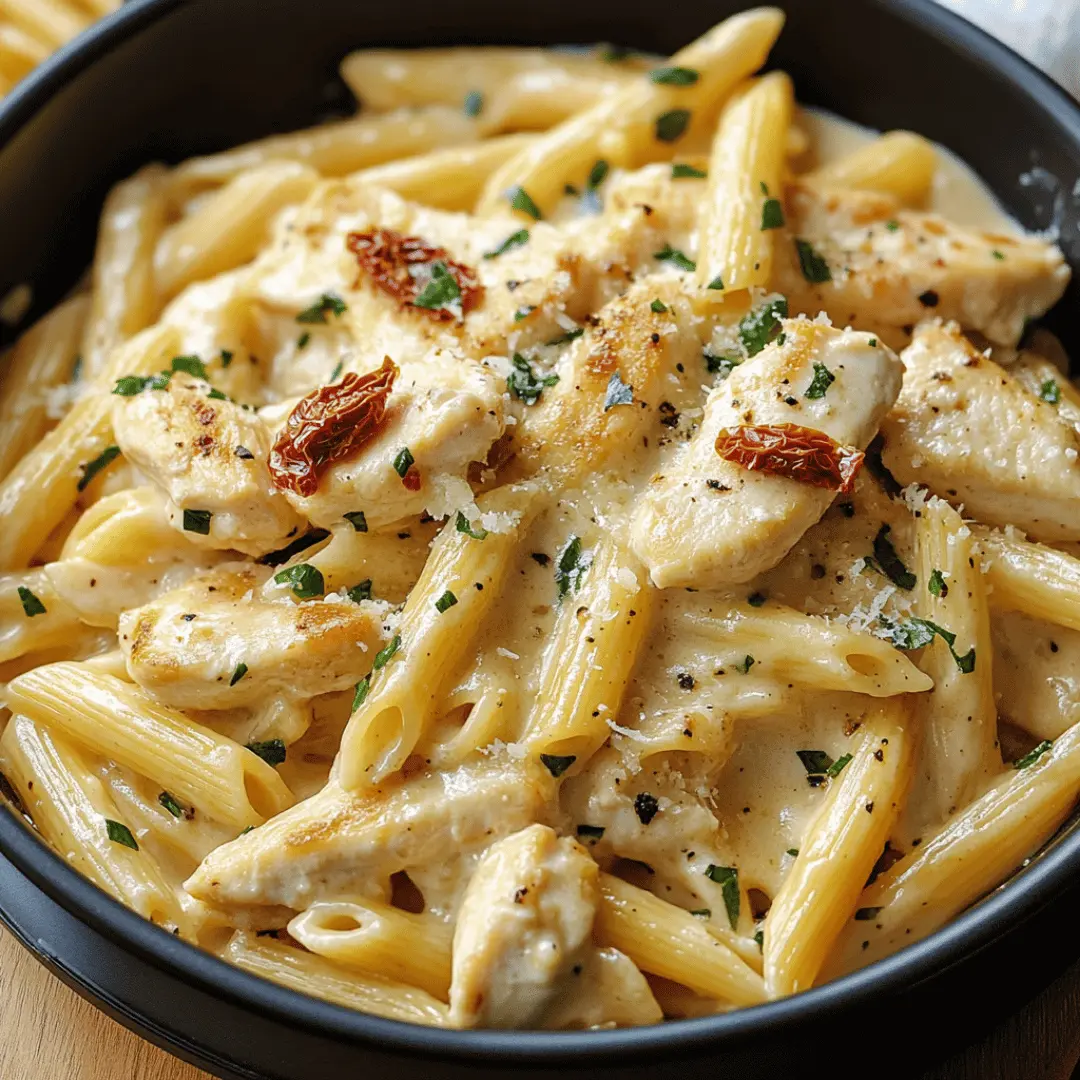 A close-up of creamy Marry Me Chicken Pasta with penne, tender chicken pieces, sun-dried tomatoes, and fresh herbs in a rich Parmesan sauce, served in a black bowl.