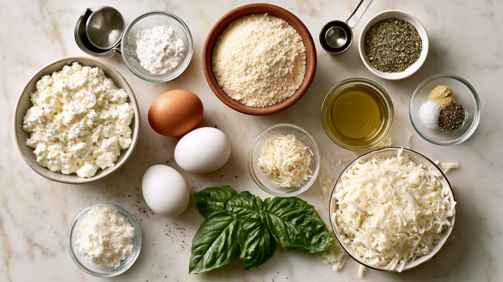 Ingredients for High Protein Cottage Cheese Pizza Crust including cottage cheese, eggs, almond flour, Parmesan, and seasonings.