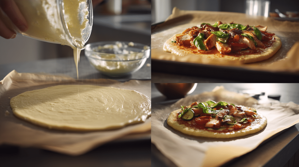 Step-by-step process of making High Protein Cottage Cheese Pizza Crust from mixing the ingredients to baking the crispy crust.