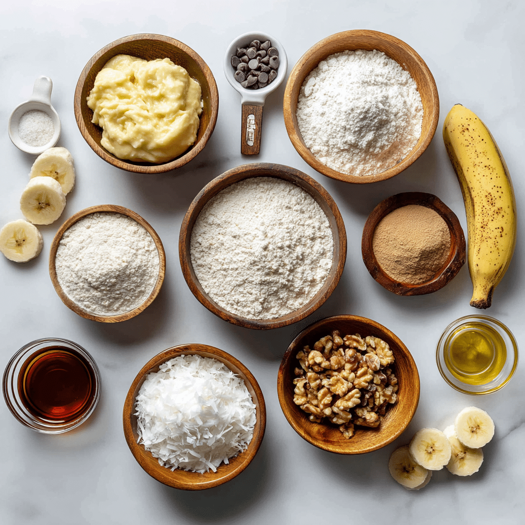 Ingredients for High Protein Banana Bread including ripe bananas, protein powder, flour, Greek yogurt, maple syrup, and cinnamon.